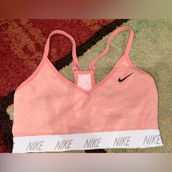 NIKE WOMEN'S DRI-FIT V-NECK SPORTS BRA PINK/WHITE - Picture 2 of 3